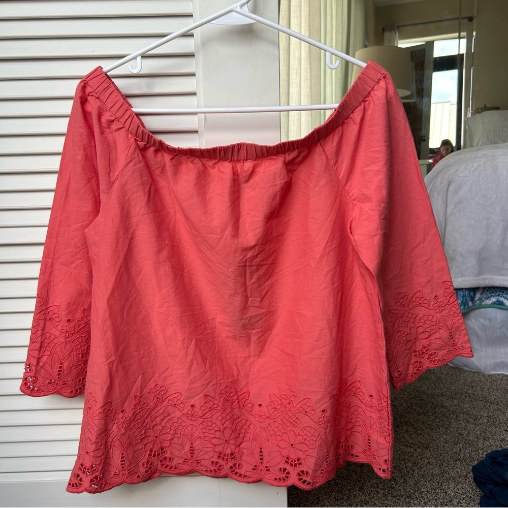 Tommy Hilfiger Relaxed XS Coral Off the Shoulder Embroidered Eyelet‎ Peasant Top